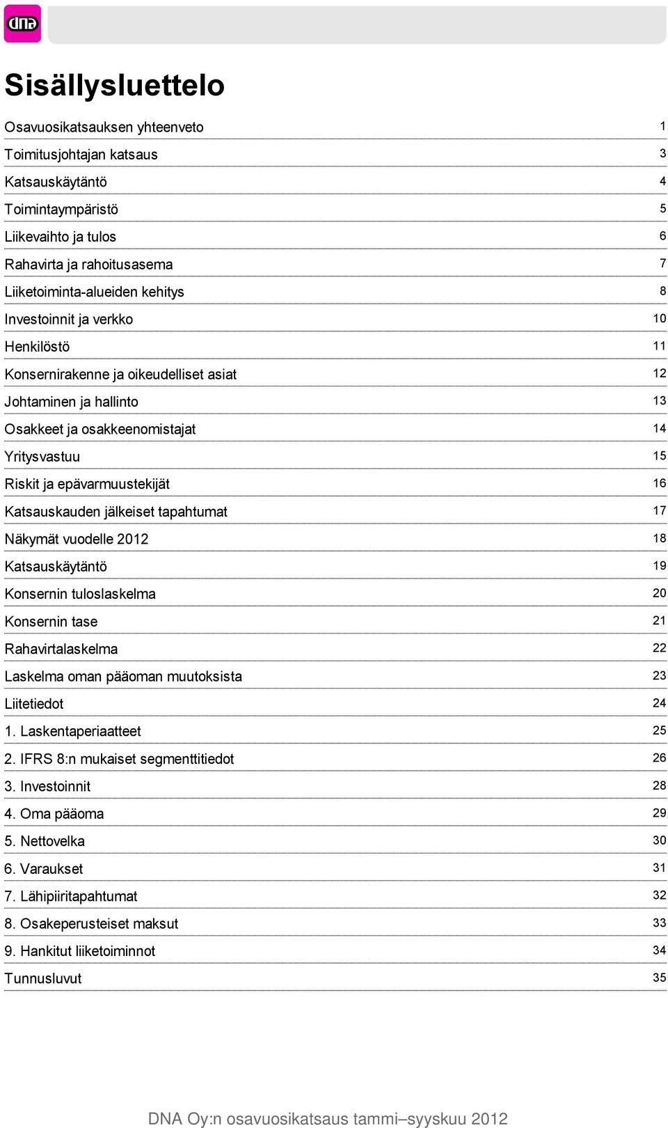 vuodelle 2012 Katsauskäytäntö Konsernin tuloslaskelma Konsernin tase Rahavirtalaskelma Laskelma oman pääoman muutoksista Liitetiedot 1. Laskentaperiaatteet 2. IFRS 8:n mukaiset segmenttitiedot 3.
