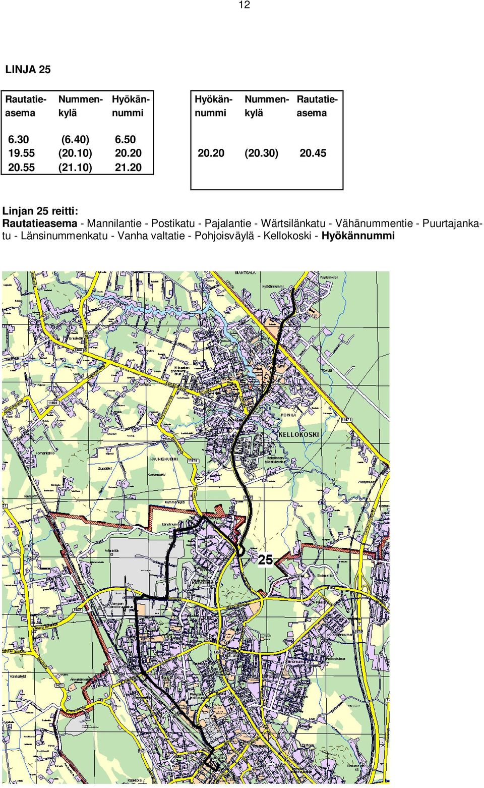 20 Linjan 25 reitti: Rautatieasema - Mannilantie - Postikatu - Pajalantie - Wärtsilänkatu -
