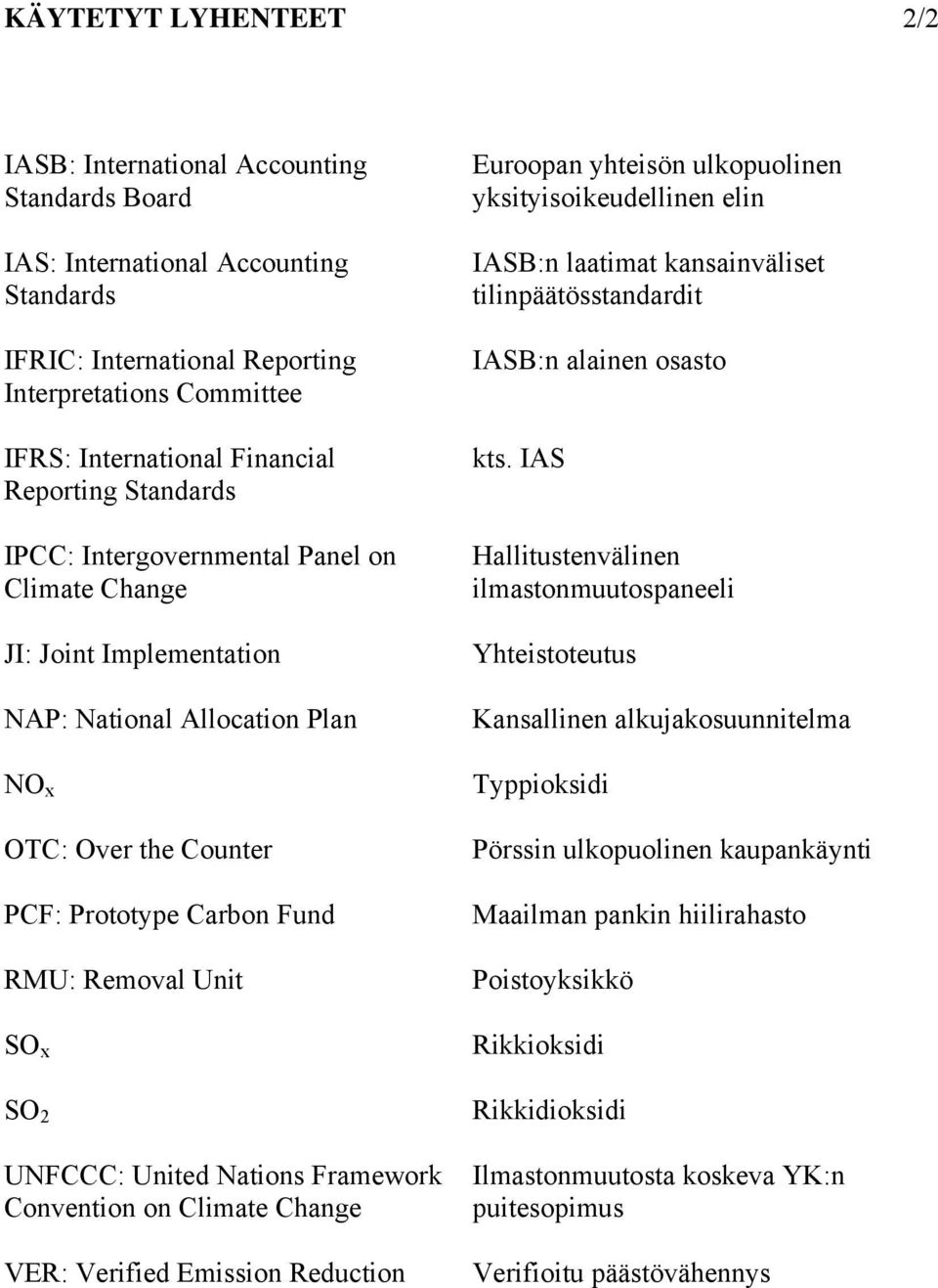 SO 2 UNFCCC: United Nations Framework Convention on Climate Change VER: Verified Emission Reduction Euroopan yhteisön ulkopuolinen yksityisoikeudellinen elin IASB:n laatimat kansainväliset