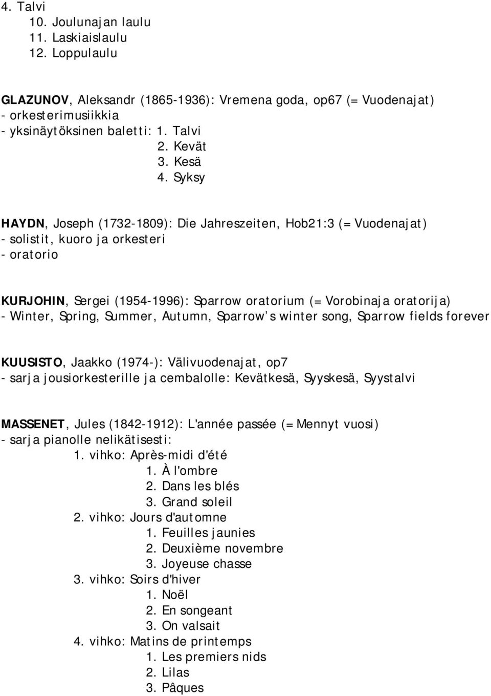 Syksy HAYDN, Joseph (1732 1809): Die Jahreszeiten, Hob21:3 (= Vuodenajat) solistit, kuoro ja orkesteri oratorio KURJOHIN, Sergei (1954 1996): Sparrow oratorium (= Vorobinaja oratorija) Winter,