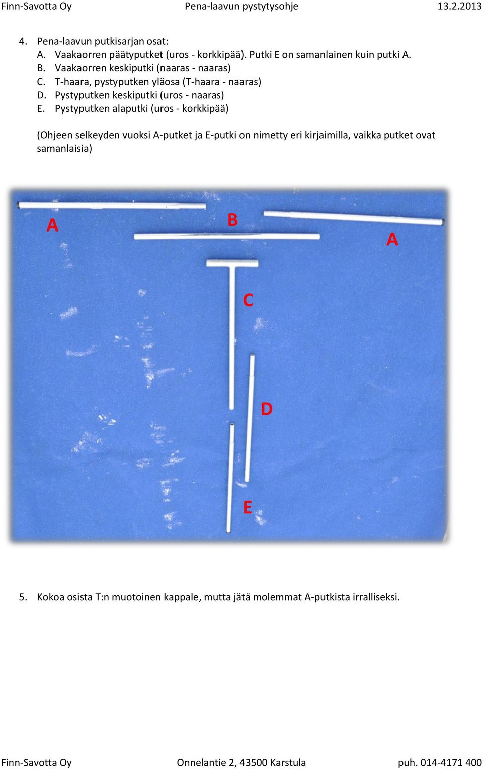 Pystyputken alaputki (uros - korkkipää) (Ohjeen selkeyden vuoksi A-putket ja E-putki on nimetty eri kirjaimilla, vaikka putket ovat samanlaisia) A B