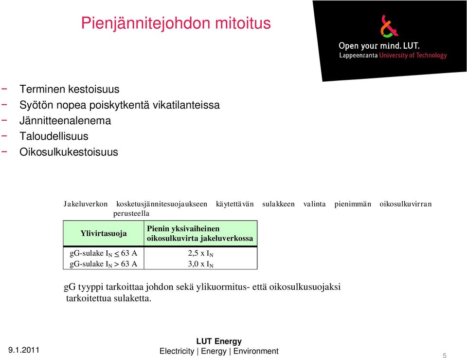 oikosulkuvirran perusteella Ylivirtasuoja gg-sulake I N < 63 A gg-sulake I N > 63 A Pienin yksivaiheinen