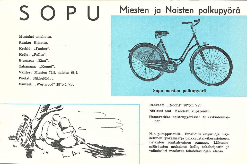 Niklatut osat: Kahdesti kuparoidut. Hameverkko naistenpyörässä; Silkkikudonnainen. N. s. pumppusatula. Emalioitu ketjusuoja.