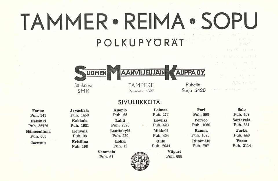 198 Kuopio Puh. 65 Lahti Puh. 2320 Lauttakylä Puh. 220 Lohja Puh. 12 Vammala Puh. 61 Loimaa Puh. 276 Loviisa Puh. 423 Mikkeli Puh.
