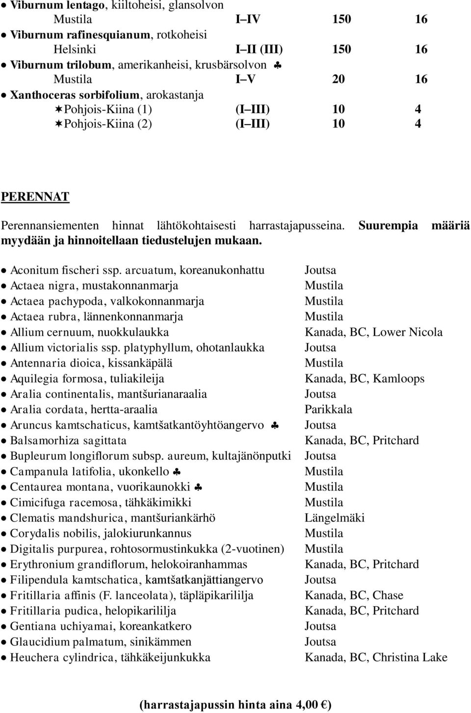 Suurempia määriä myydään ja hinnoitellaan tiedustelujen mukaan. Aconitum fischeri ssp.