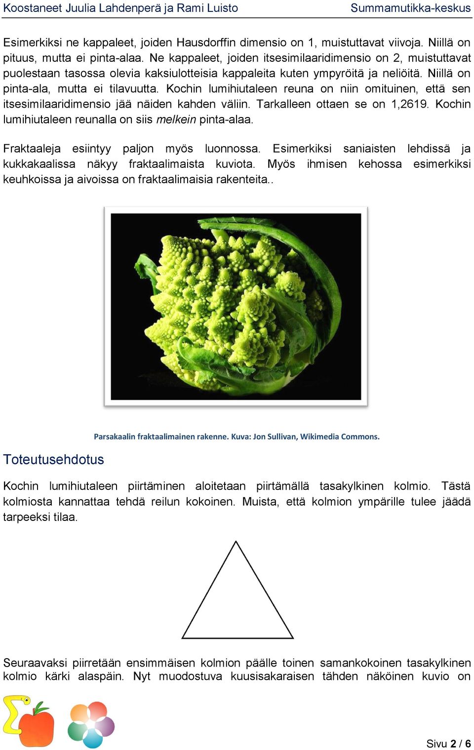 Kochin lumihiutaleen reuna on niin omituinen, että sen itsesimilaaridimensio jää näiden kahden väliin. Tarkalleen ottaen se on 1,2619. Kochin lumihiutaleen reunalla on siis melkein pinta-alaa.