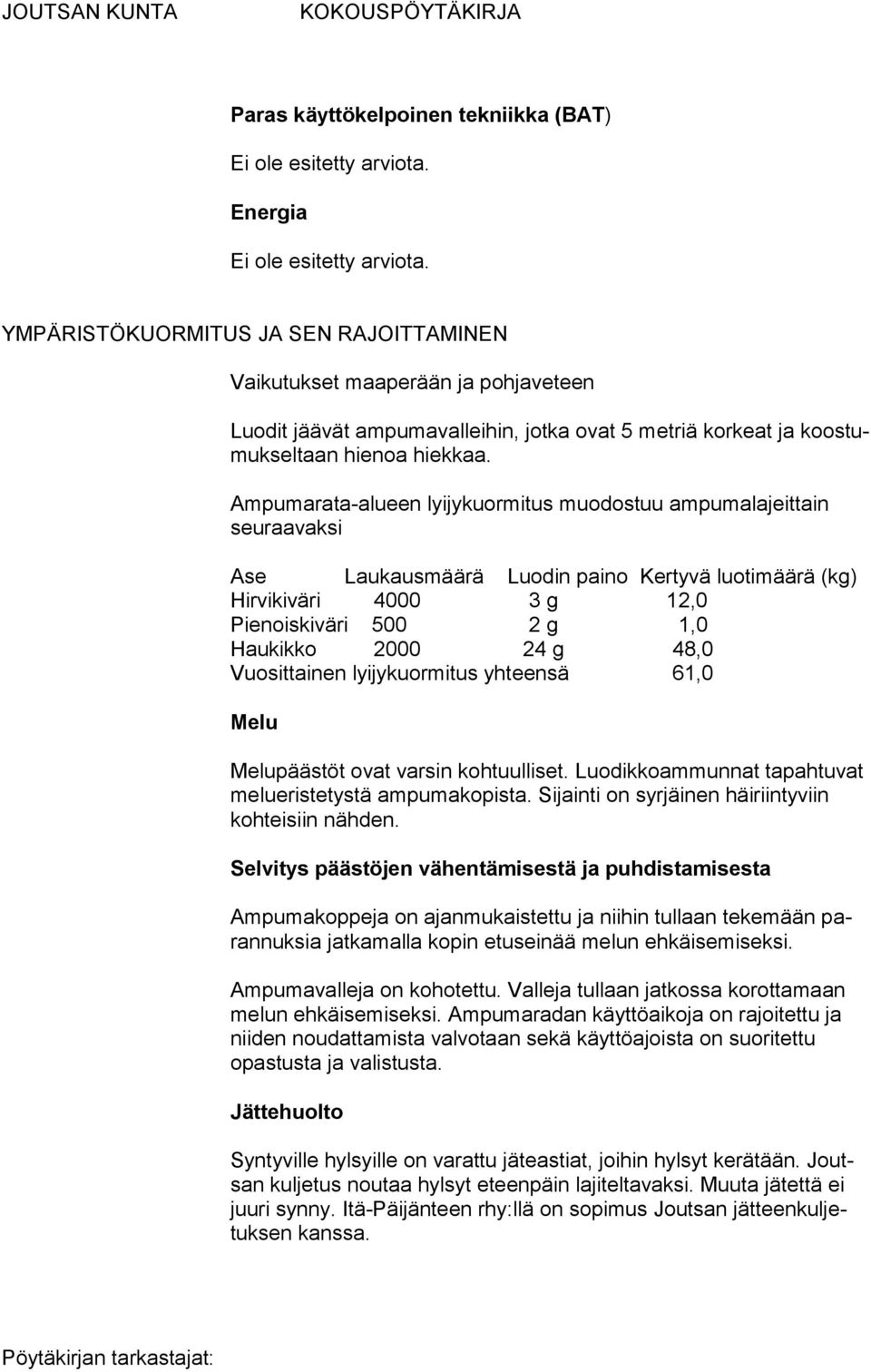 Ampumarata-alueen lyijykuormitus muodostuu ampumalajeittain seuraavaksi Ase Laukausmäärä Luodin paino Kertyvä luotimäärä (kg) Hirvikiväri 4000 3 g 12,0 Pienoiskiväri 500 2 g 1,0 Haukikko 2000 24 g