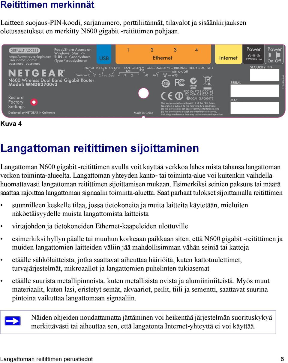 Langattoman yhteyden kanto- tai toiminta-alue voi kuitenkin vaihdella huomattavasti langattoman reitittimen sijoittamisen mukaan.