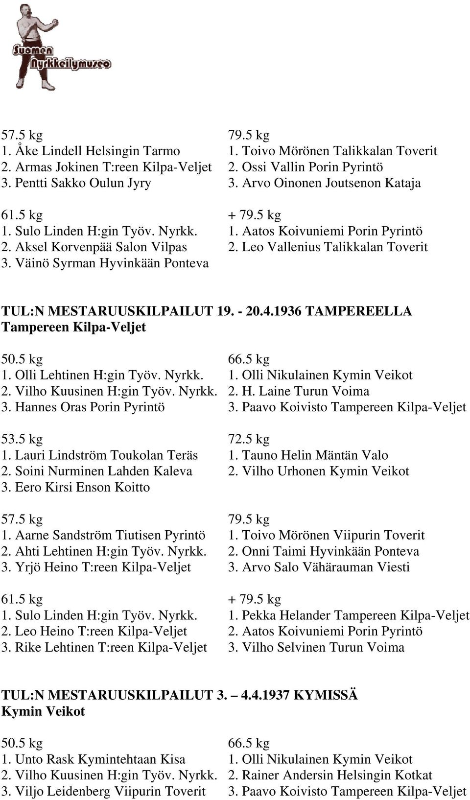 - 20.4.1936 TAMPEREELLA Tampereen Kilpa-Veljet 1. Olli Lehtinen H:gin Työv. Nyrkk. 1. Olli Nikulainen Kymin Veikot 2. Vilho Kuusinen H:gin Työv. Nyrkk. 2. H. Laine Turun Voima 3.