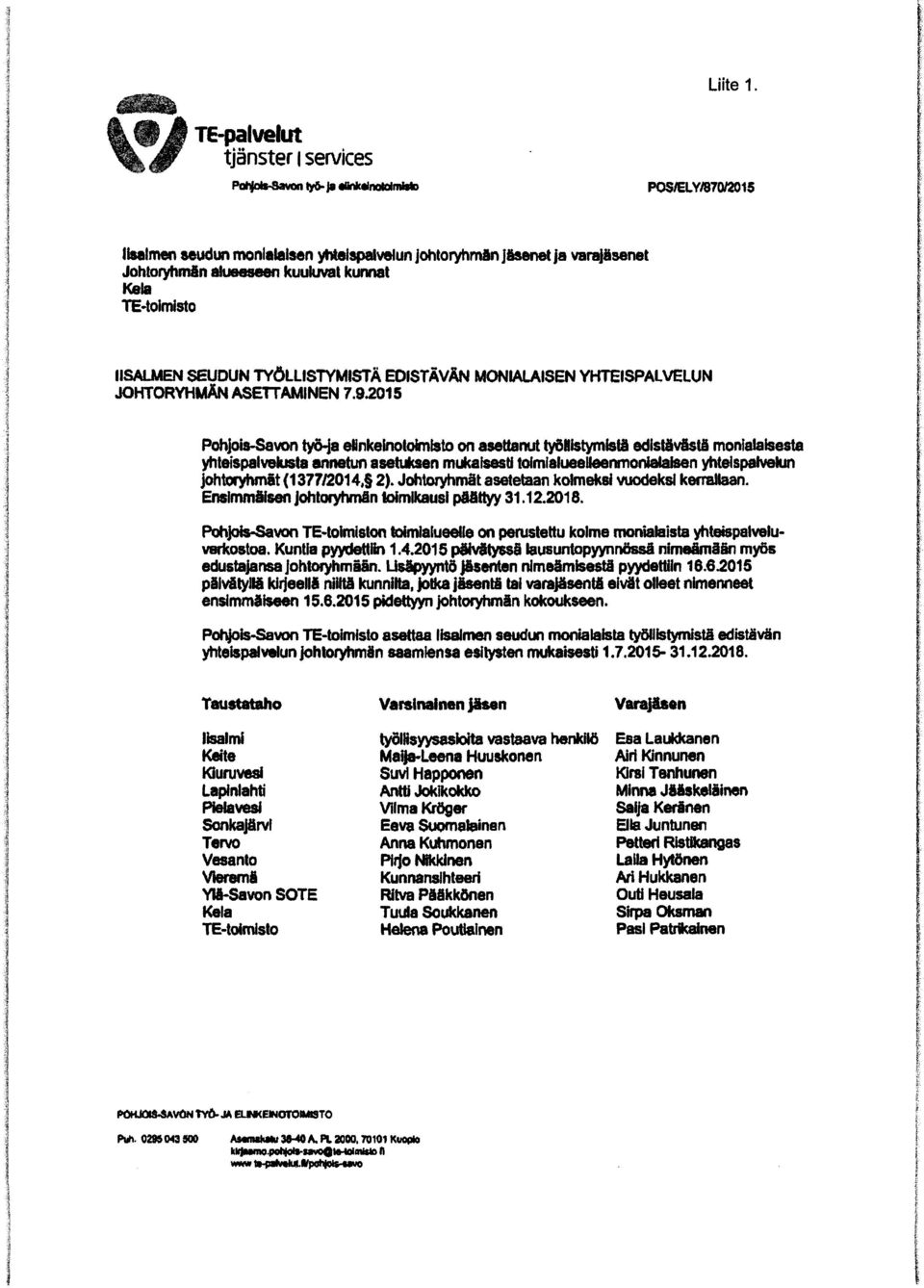 YHTEISPALVELUN JOHTORYHMÄN ASETTAMINEN 7.9.