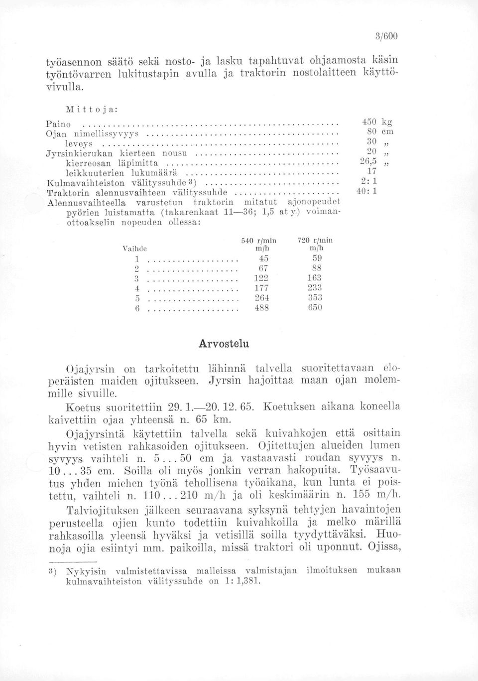 alennusvaihteen välityssuhde 40: 1 Alennusvaihteella varustetun traktorin mitatut ajonopeudet pyörien luistamatta (takarenkaat 11-36; 1,5 at y) voimanottoakselin nopeuden ollessa: Vaihde r/min 720