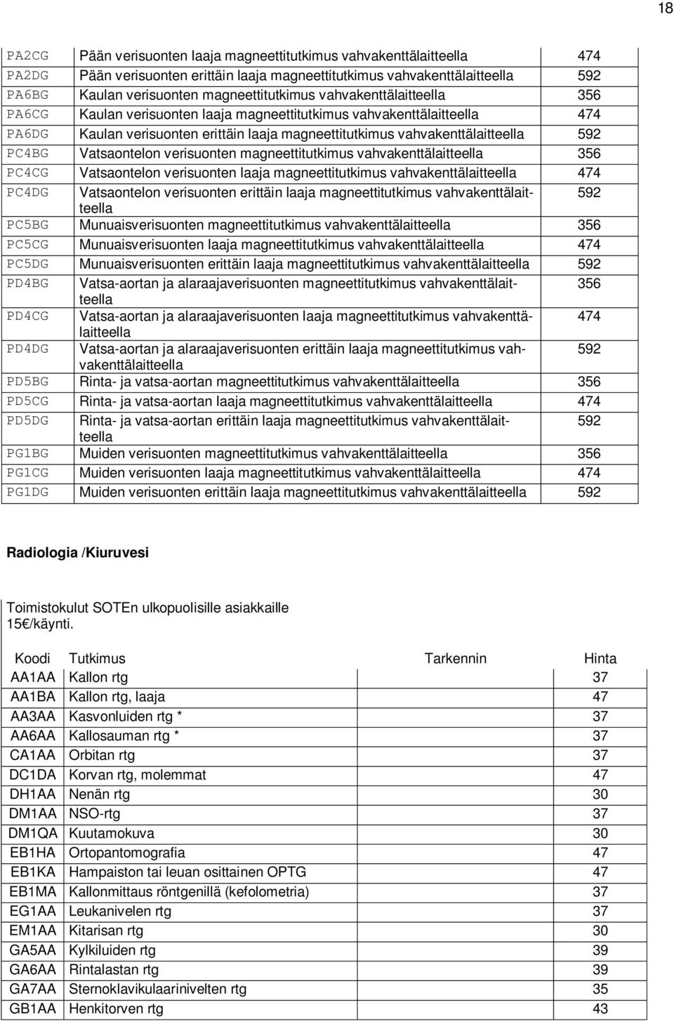 592 PC4BG Vatsaontelon verisuonten magneettitutkimus vahvakenttälaitteella 356 PC4CG Vatsaontelon verisuonten laaja magneettitutkimus vahvakenttälaitteella 474 PC4DG Vatsaontelon verisuonten erittäin