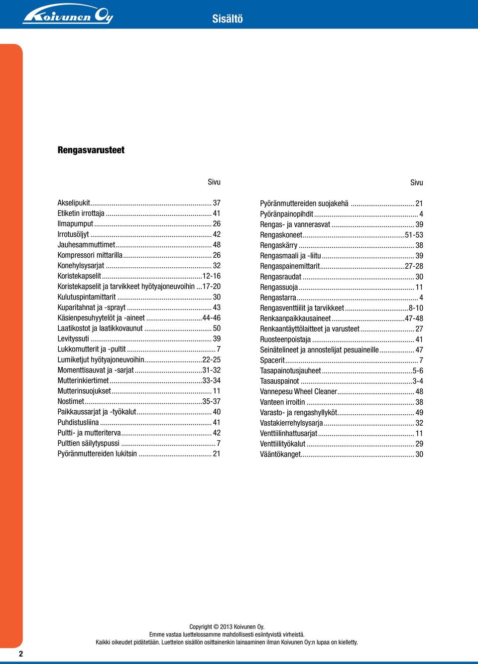 .. 50 Levityssuti... 39 Lukkomutterit ja -pultit... 7 Lumiketjut hyötyajoneuvoihin...22-25 Momenttisauvat ja -sarjat...31-32 Mutterinkiertimet...33-34 Mutterinsuojukset... 11 Nostimet.