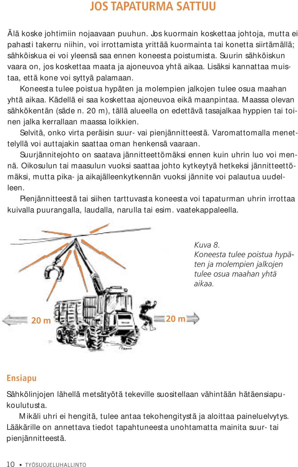 Suurin sähköiskun vaara on, jos koskettaa maata ja ajoneuvoa yhtä aikaa. Lisäksi kannattaa muistaa, että kone voi syttyä palamaan.