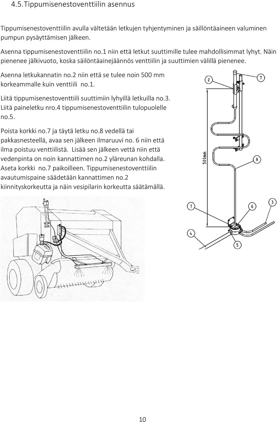 niin että se tulee noin 500 mm korkeammalle kuin venttiili no.. Liitä tippumisenestoventtiili suuttimiin lyhyillä letkuilla no.3. Liitä paineletku nro.4 tippumisenestoventtiilin tulopuolelle no.5. Poista korkki no.