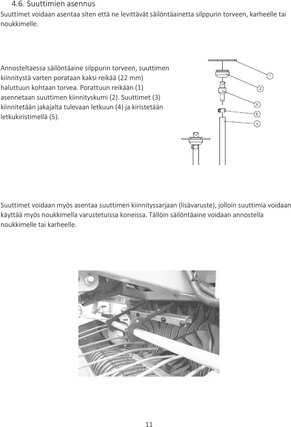 Porattuun reikään () asennetaan suuttimen kiinnityskumi (). Suuttimet (3) kiinnitetään jakajalta tulevaan letkuun (4) ja kiristetään letkukiristimellä (5).