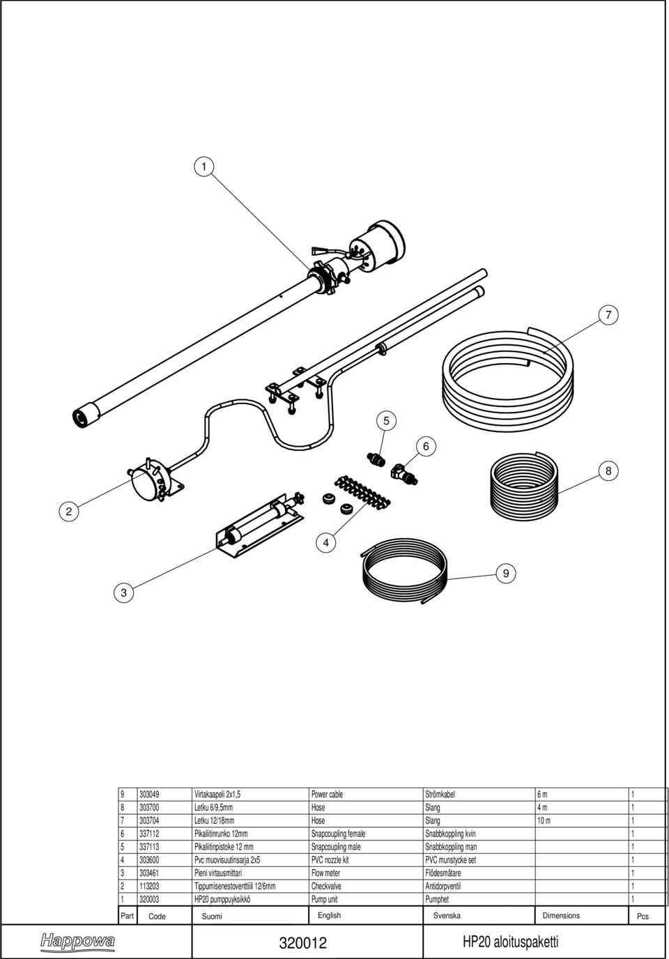 Pvc muovisuutinsarja x5 PVC nozzle kit PVC munstycke set 3 30346 Pieni virtausmittari Flow meter Flödesmätare 303 Tippumisenestoventtiili