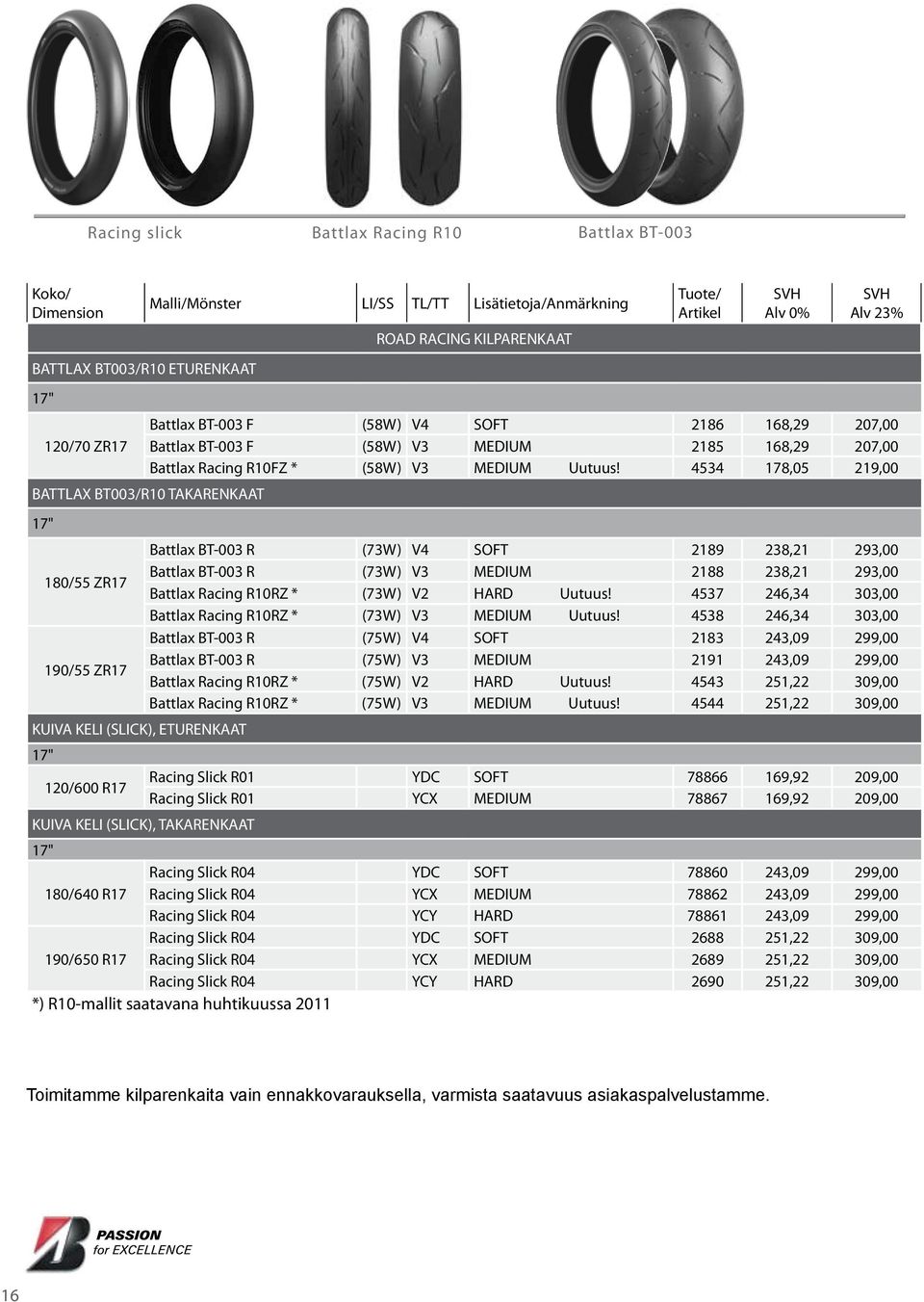 4534 178,05 219,00 BATTLAX BT003/R10 Battlax BT-003 R (73W) V4 SOFT 2189 238,21 293,00 180/55 ZR17 Battlax BT-003 R (73W) V3 MEDIUM 2188 238,21 293,00 Battlax Racing R10RZ * (73W) V2 HARD Uutuus!