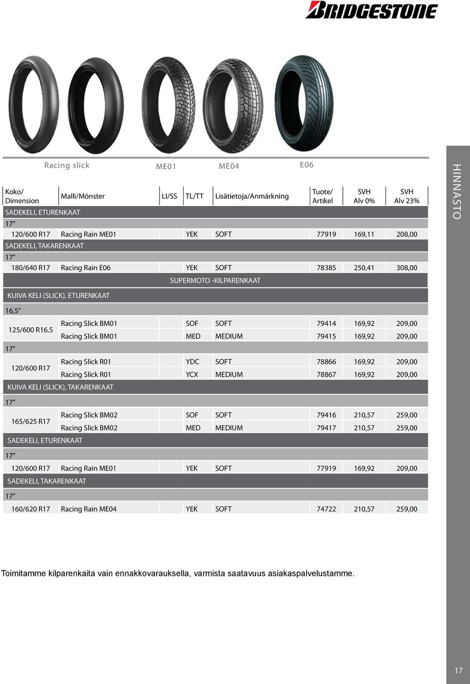 5 Racing Slick BM01 MED MEDIUM 79415 169,92 209,00 Racing Slick R01 YDC SOFT 78866 169,92 209,00 120/600 R17 Racing Slick R01 YCX MEDIUM 78867 169,92 209,00 KUIVA KELI (SLICK), Racing Slick BM02 SOF