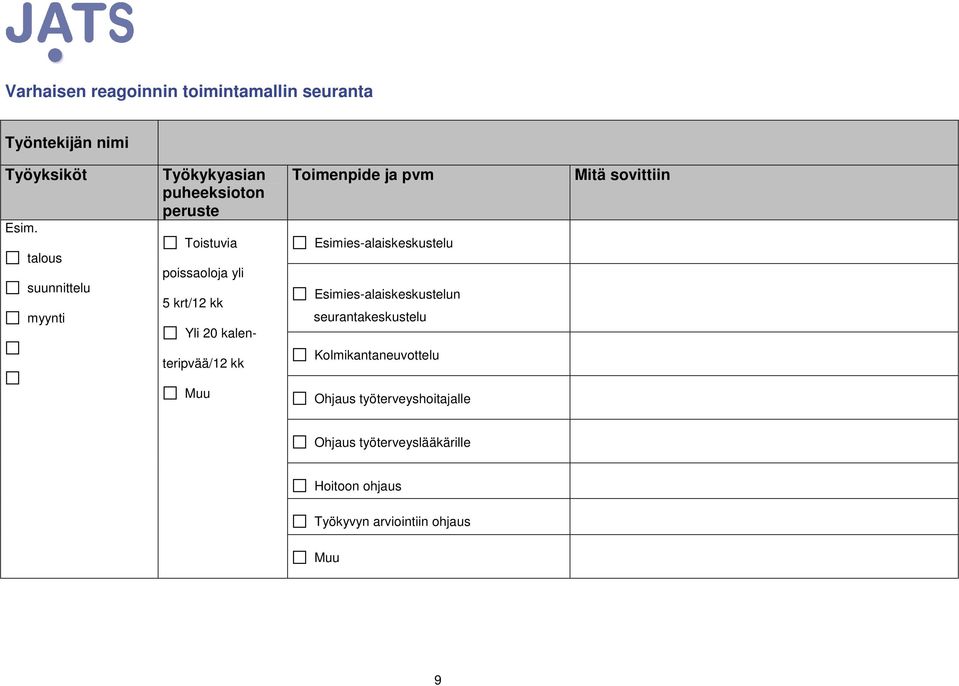 kalen- Toimenpide ja pvm Esimies-alaiskeskustelu Esimies-alaiskeskustelun seurantakeskustelu Mitä sovittiin