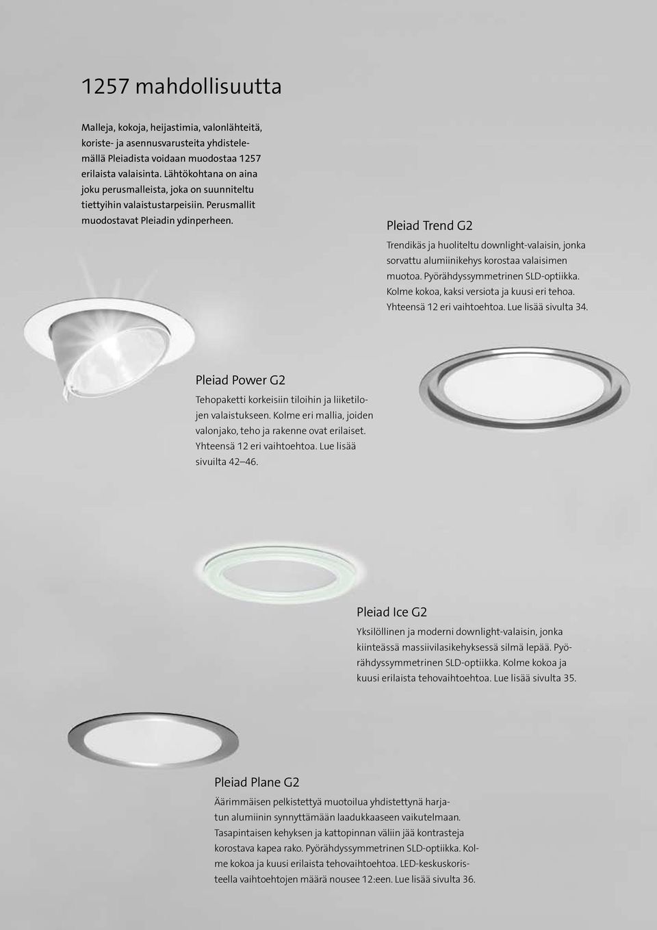 Pleiad Trend G2 Trendikäs ja huoliteltu downlight-valaisin, jonka sorvattu alumiinikehys korostaa valaisimen muotoa. Pyörähdyssymmetrinen SLD-optiikka. Kolme kokoa, kaksi versiota ja kuusi eri tehoa.