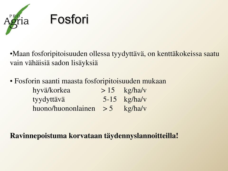 fosforipitoisuuden mukaan hyvä/korkea > 15 kg/ha/v tyydyttävä 5-15