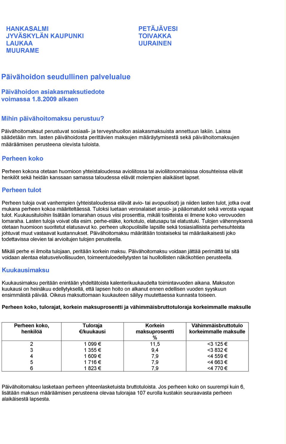 lasten päivähoidosta perittävien maksujen määräytymisestä sekä päivähoitomaksujen määräämisen perusteena olevista tuloista.