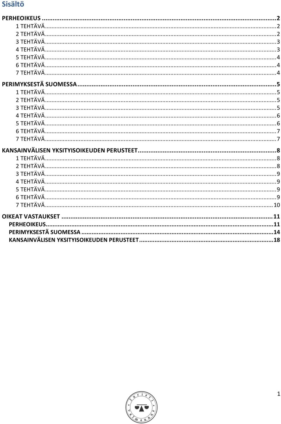 .. 7 KANSAINVÄLISEN YKSITYISOIKEUDEN PERUSTEET... 8 1 TEHTÄVÄ... 8 2 TEHTÄVÄ... 8 3 TEHTÄVÄ... 9 4 TEHTÄVÄ... 9 5 TEHTÄVÄ.