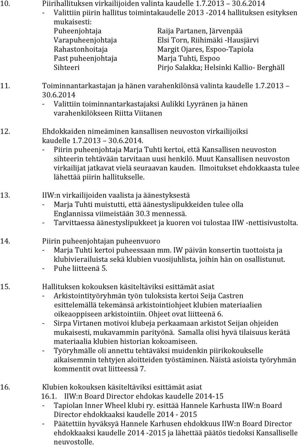 Espoo-Tapiola Past puheenjohtaja Marja Tuhti, Espoo Sihteeri Pirjo Salakka; Helsinki Kallio- Berghäll 11. Toiminnantarkastajan ja hänen varahenkilönsä valinta kaudelle 1.7.2013 30.6.