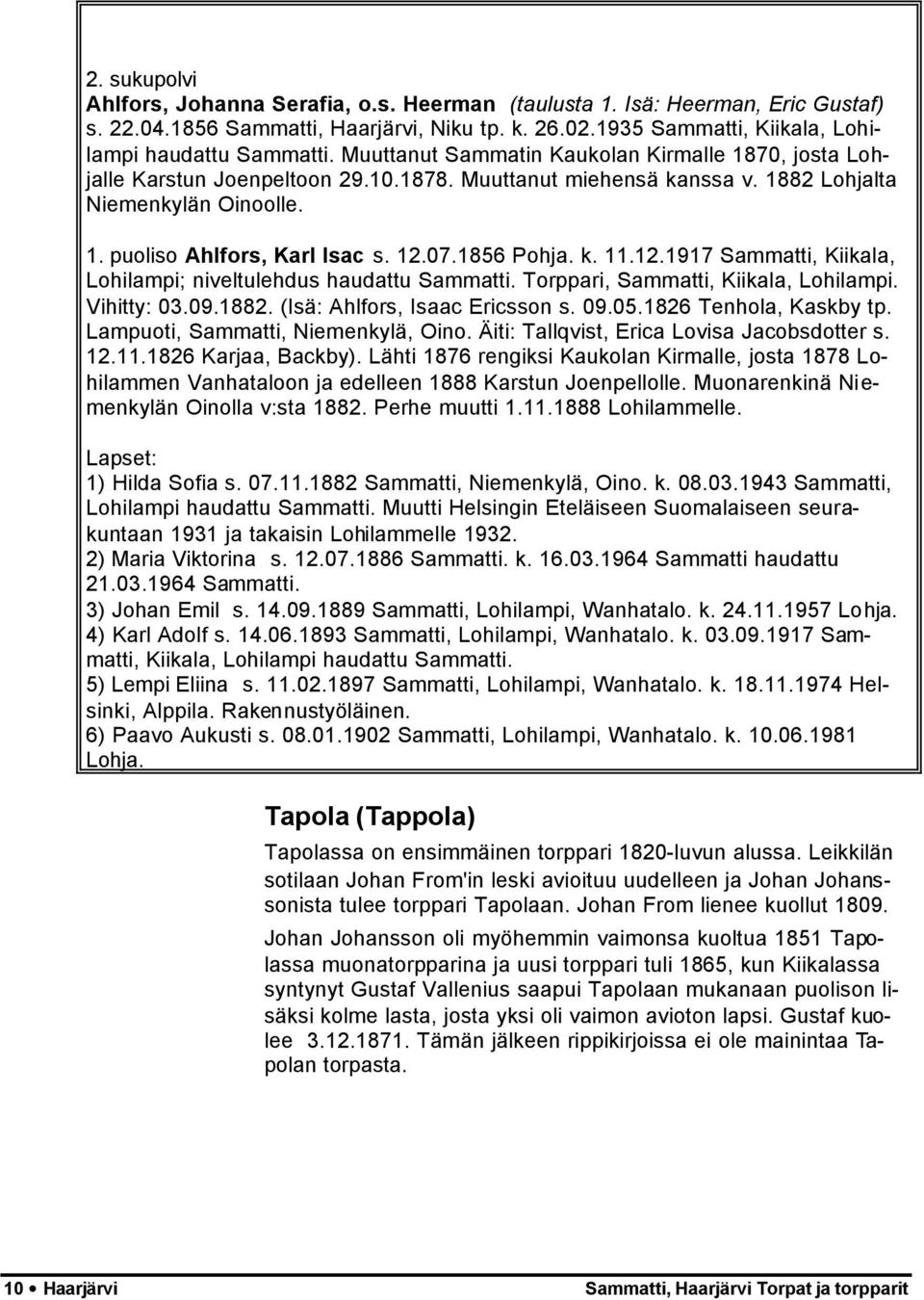 1856 Pohja. k. 11.12.1917 Sammatti, Kiikala, Lohilampi; niveltulehdus haudattu Sammatti. Torppari, Sammatti, Kiikala, Lohilampi. Vihitty: 03.09.1882. (Isä: Ahlfors, Isaac Ericsson s. 09.05.