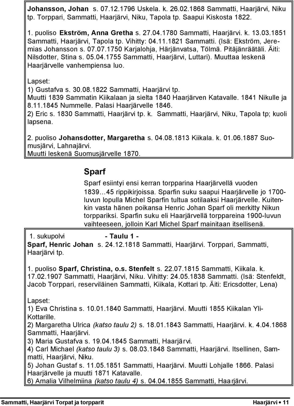Äiti: Nilsdotter, Stina s. 05.04.1755 Sammatti, Haarjärvi, Luttari). Muuttaa leskenä Haarjärvelle vanhempiensa luo. 1) Gustafva s. 30.08.1822 Sammatti, Haarjärvi tp.