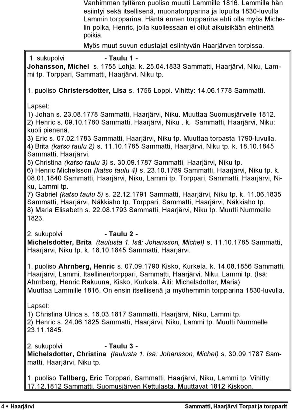 sukupolvi - Taulu 1 - Johansson, Michel s. 1755 Lohja. k. 25.04.1833 Sammatti, Haarjärvi, Niku, Lammi tp. Torppari, Sammatti, Haarjärvi, Niku tp. 1. puoliso Christersdotter, Lisa s. 1756 Loppi.