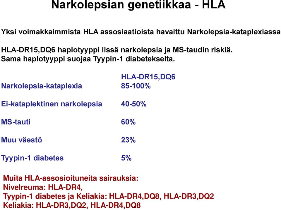HLA-DR15,DQ6 Narkolepsia-kataplexia 85-100% Ei-kataplektinen narkolepsia 40-50% MS-tauti 60% Muu väestö 23% Tyypin-1