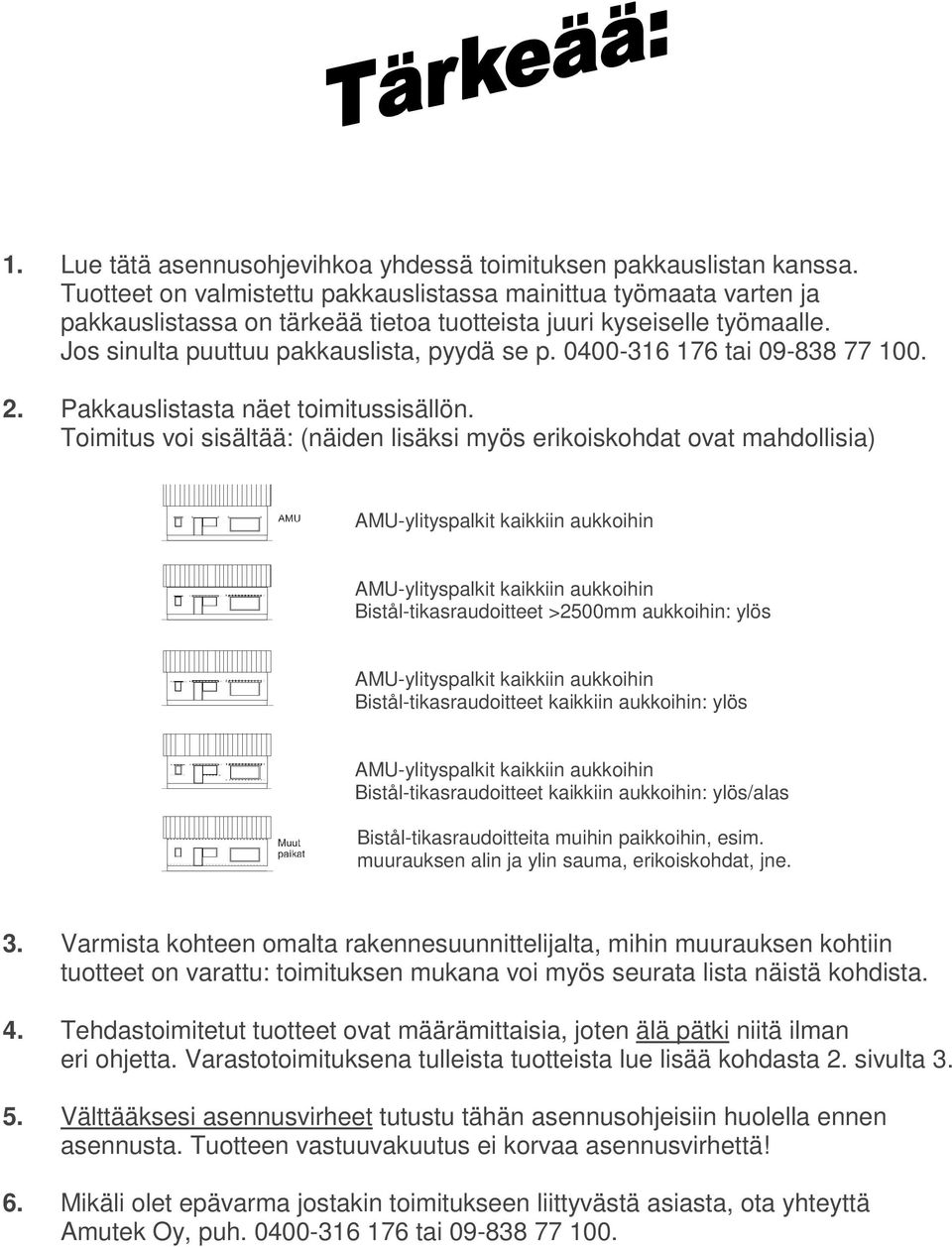 0400-316 176 tai 09-838 77 100. 2. Pakkauslistasta näet toimitussisällön.