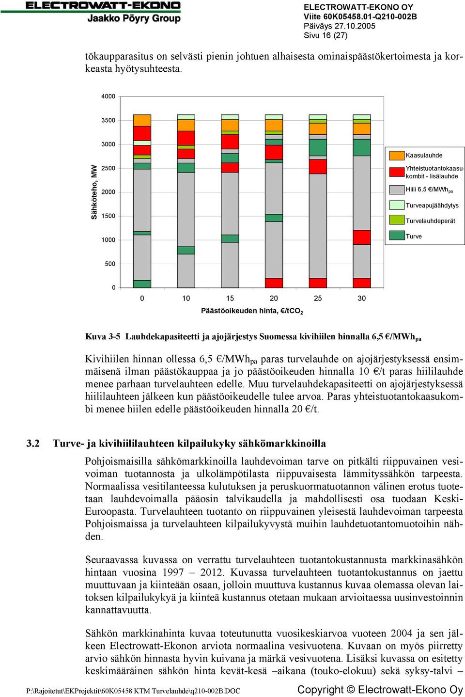 hinta, /tco 2 Kuva 3-5 Lauhdekapasiteetti ja ajojärjestys Suomessa kivihiilen hinnalla 6,5 /MWh pa Kivihiilen hinnan ollessa 6,5 /MWh pa paras turvelauhde on ajojärjestyksessä ensimmäisenä ilman