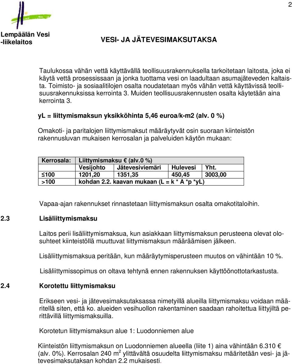 yl = liittymismaksun yksikköhinta 5,46 euroa/k-m2 (alv.