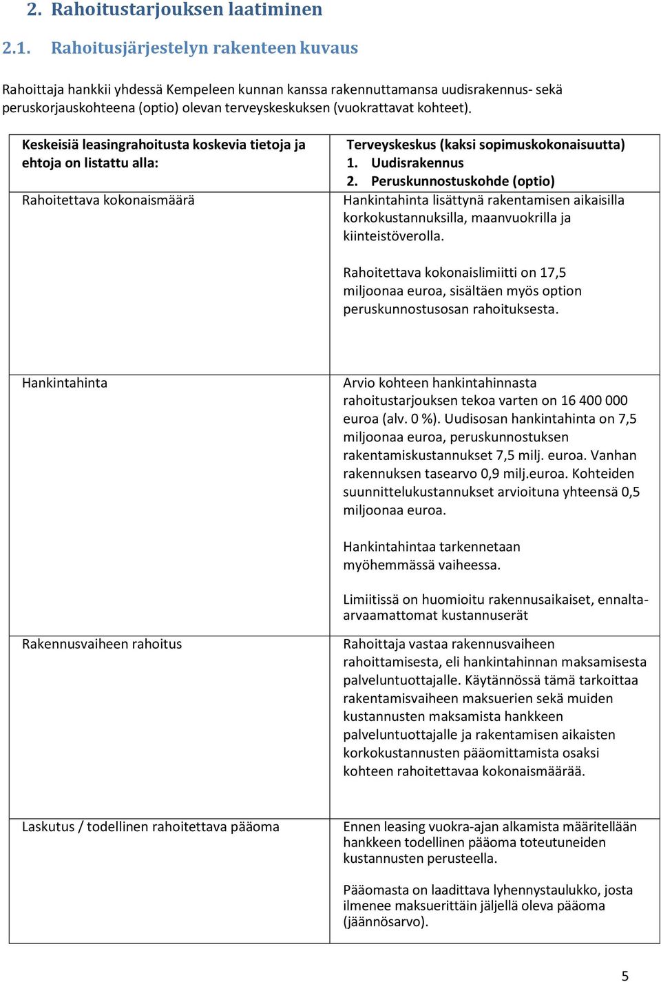 Keskeisiä leasingrahoitusta koskevia tietoja ja ehtoja on listattu alla: Rahoitettava kokonaismäärä Terveyskeskus (kaksi sopimuskokonaisuutta) 1. Uudisrakennus 2.