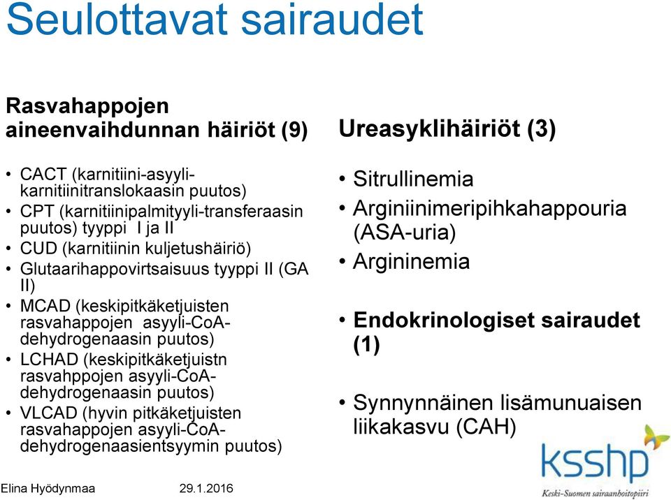 asyyli-coadehydrogenaasin puutos) LCHAD (keskipitkäketjuistn rasvahppojen asyyli-coadehydrogenaasin puutos) VLCAD (hyvin pitkäketjuisten rasvahappojen