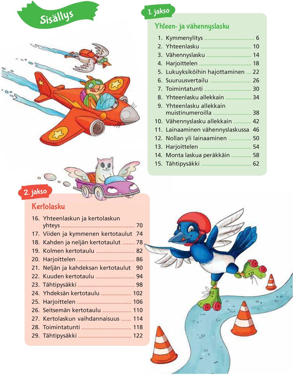 .. 50 13. Harjoittelen... 54 14. Monta laskua peräkkäin... 58 15. Tähtipysäkki... 62 2. jakso Kertolasku 16. Yhteenlaskun ja kertolaskun yhteys... 70 17. Viiden ja kymmenen kertotaulut 74 18.