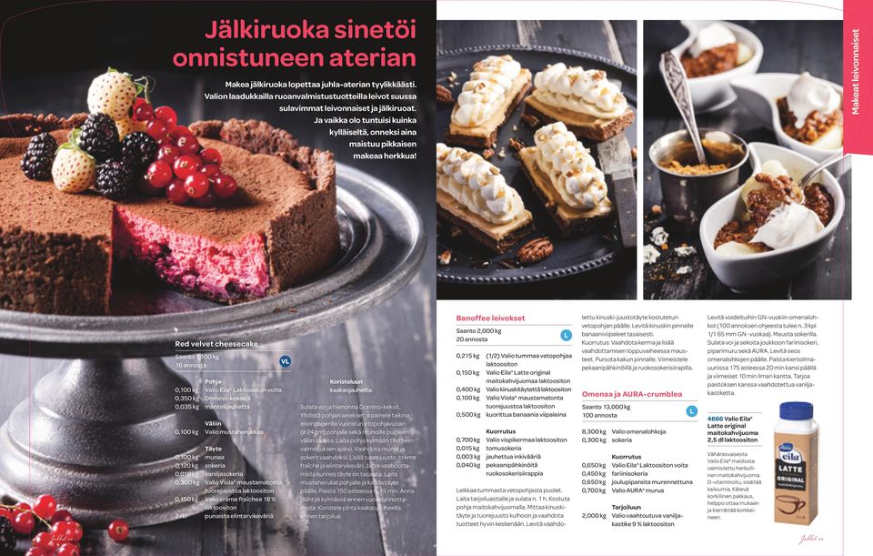 Makeat leivonnaiset Juhlat 10 Red velvet cheesecake Saanto 1,100 kg 16 annosta Pohja 0,100 kg Valio Eila Laktoositon voita 0,350 kg Domino-keksejä 0,035 kg mantelijauhetta Väliin 0,100 kg Valio