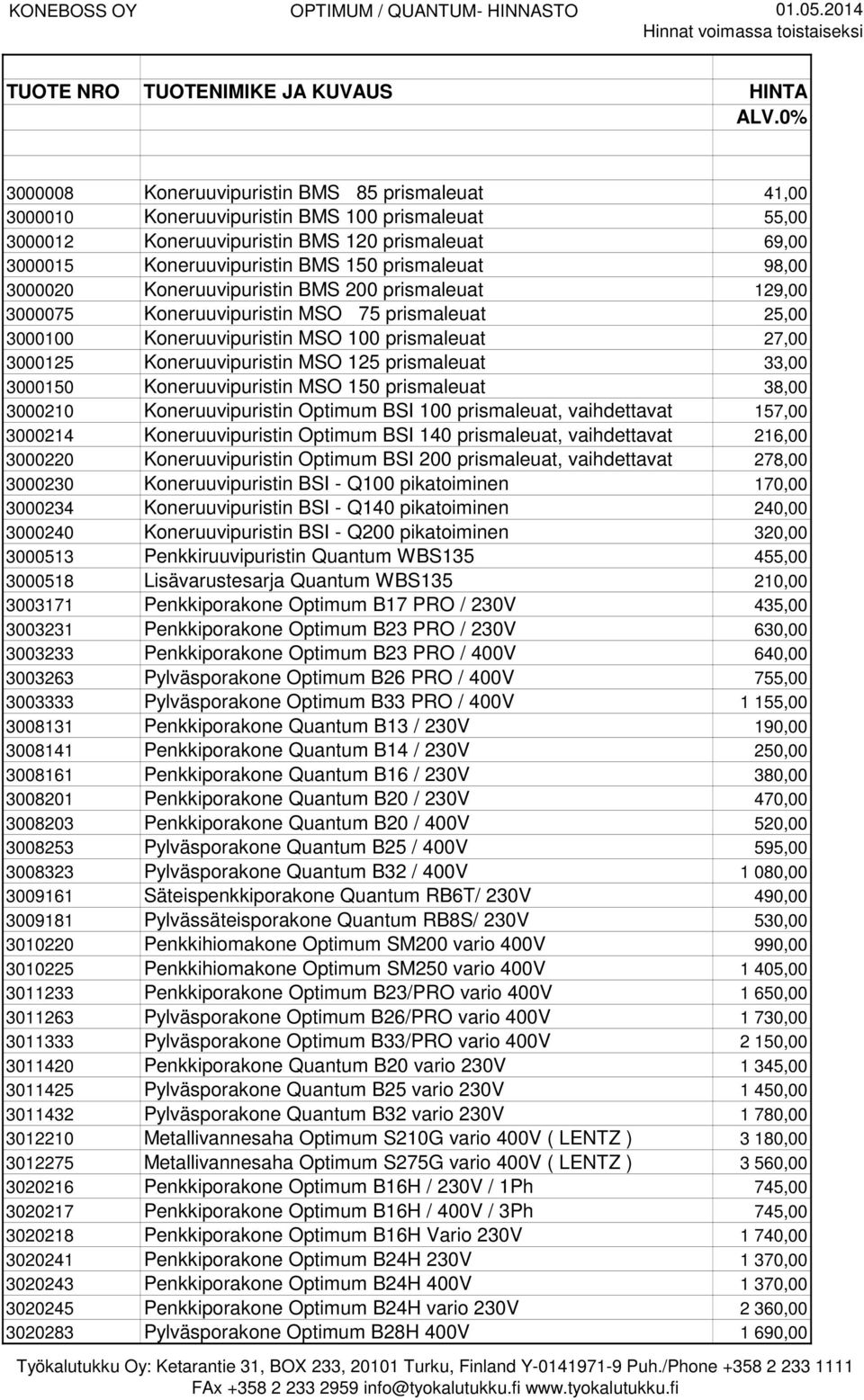 prismaleuat 98,00 3000020 Koneruuvipuristin BMS 200 prismaleuat 129,00 3000075 Koneruuvipuristin MSO 75 prismaleuat 25,00 3000100 Koneruuvipuristin MSO 100 prismaleuat 27,00 3000125 Koneruuvipuristin