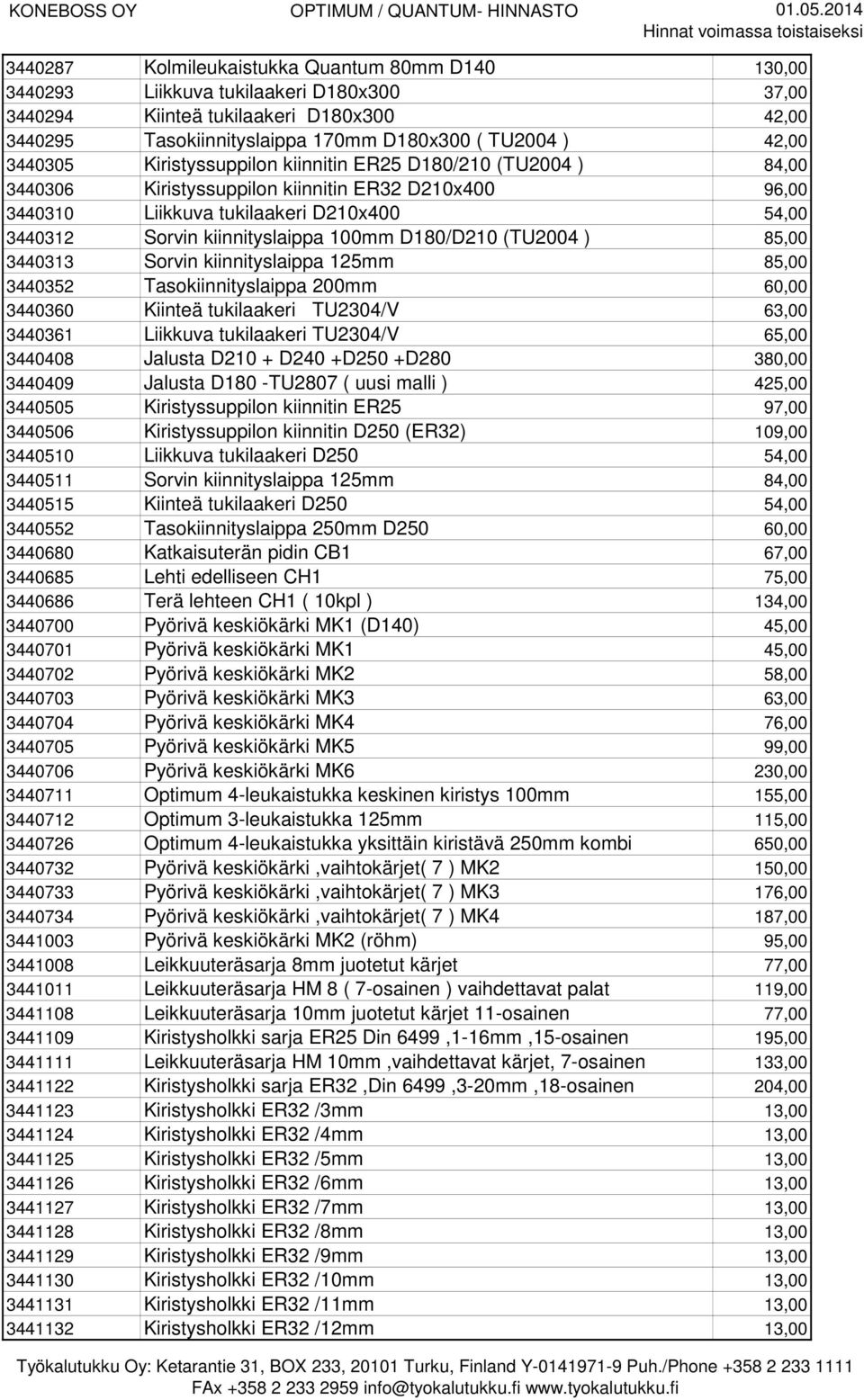 100mm D180/D210 (TU2004 ) 85,00 3440313 Sorvin kiinnityslaippa 125mm 85,00 3440352 Tasokiinnityslaippa 200mm 60,00 3440360 Kiinteä tukilaakeri TU2304/V 63,00 3440361 Liikkuva tukilaakeri TU2304/V