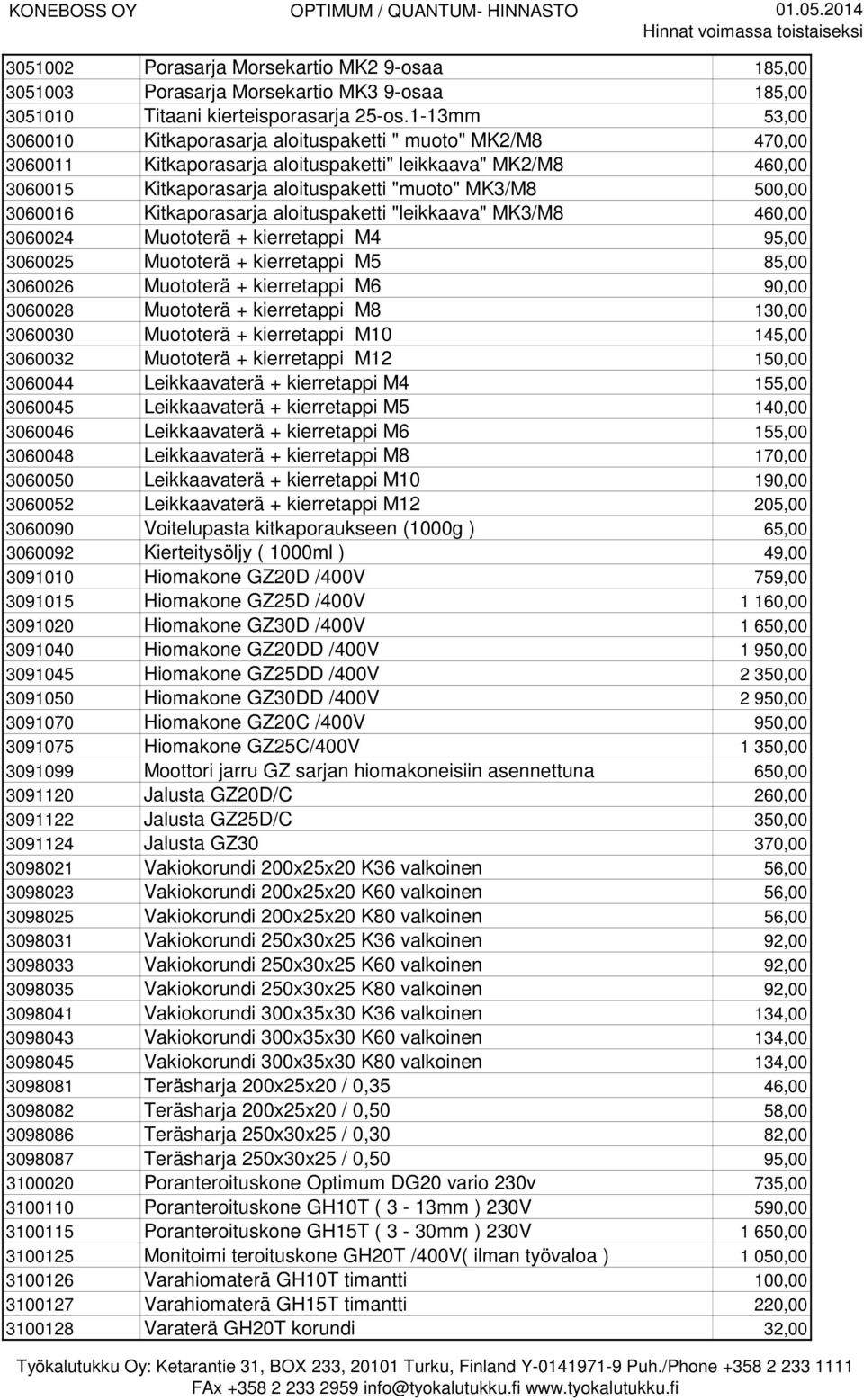 3060016 Kitkaporasarja aloituspaketti "leikkaava" MK3/M8 460,00 3060024 Muototerä + kierretappi M4 95,00 3060025 Muototerä + kierretappi M5 85,00 3060026 Muototerä + kierretappi M6 90,00 3060028