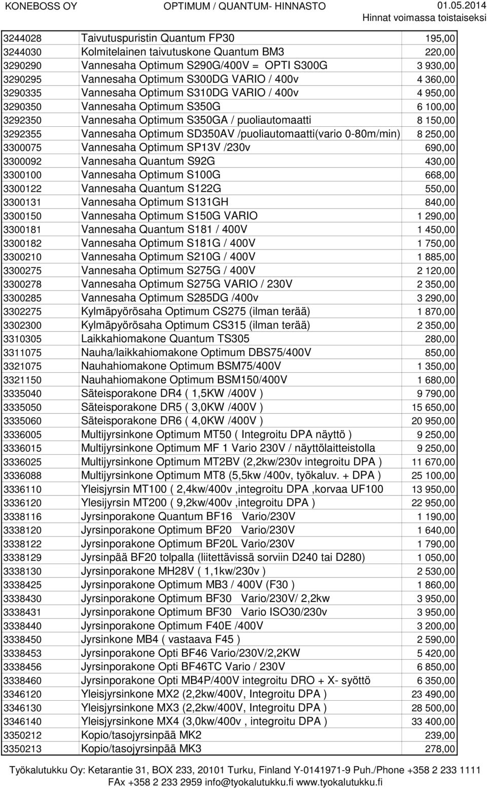 SD350AV /puoliautomaatti(vario 0-80m/min) 8 250,00 3300075 Vannesaha Optimum SP13V /230v 690,00 3300092 Vannesaha Quantum S92G 430,00 3300100 Vannesaha Optimum S100G 668,00 3300122 Vannesaha Quantum