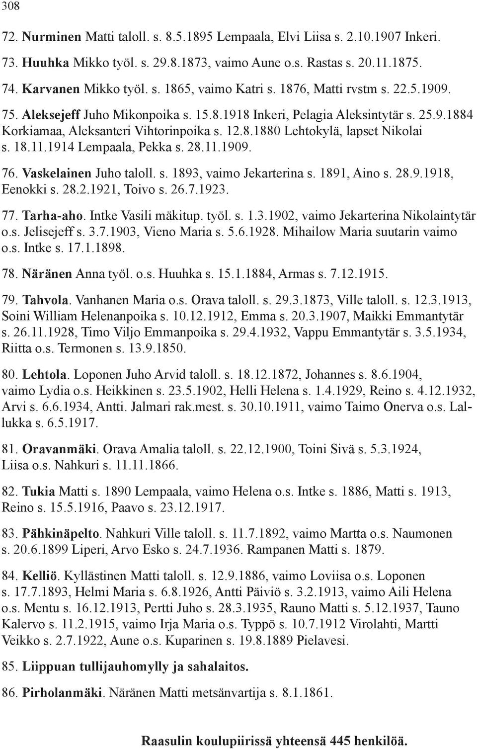11.1914 Lempaala, Pekka s. 28.11.1909. 76. Vaskelainen Juho taloll. s. 1893, vaimo Jekarterina s. 1891, Aino s. 28.9.1918, Eenokki s. 28.2.1921, Toivo s. 26.7.1923. 77. Tarha-aho.