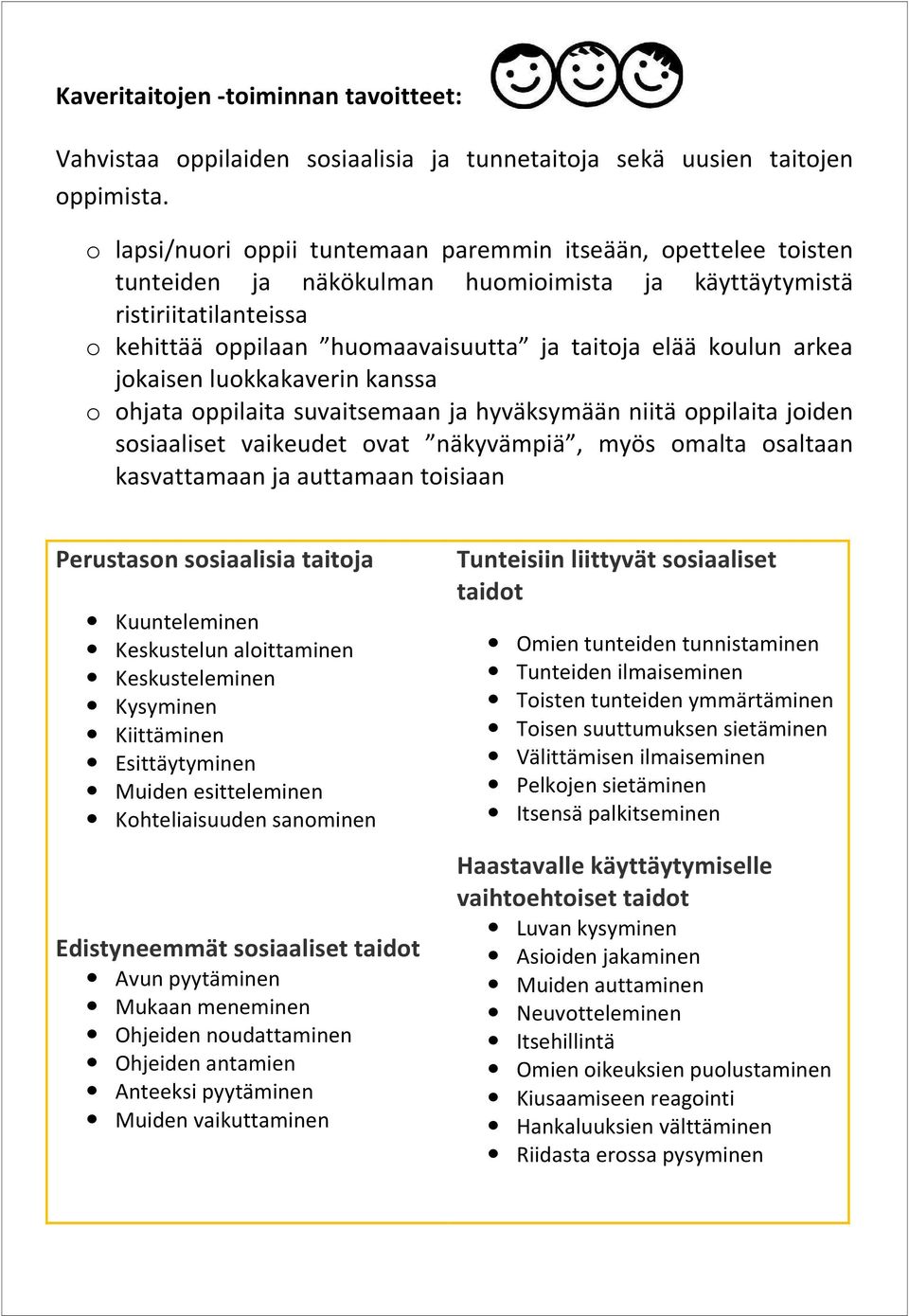 koulun arkea jokaisen luokkakaverin kanssa o ohjata oppilaita suvaitsemaan ja hyväksymään niitä oppilaita joiden sosiaaliset vaikeudet ovat näkyvämpiä, myös omalta osaltaan kasvattamaan ja auttamaan