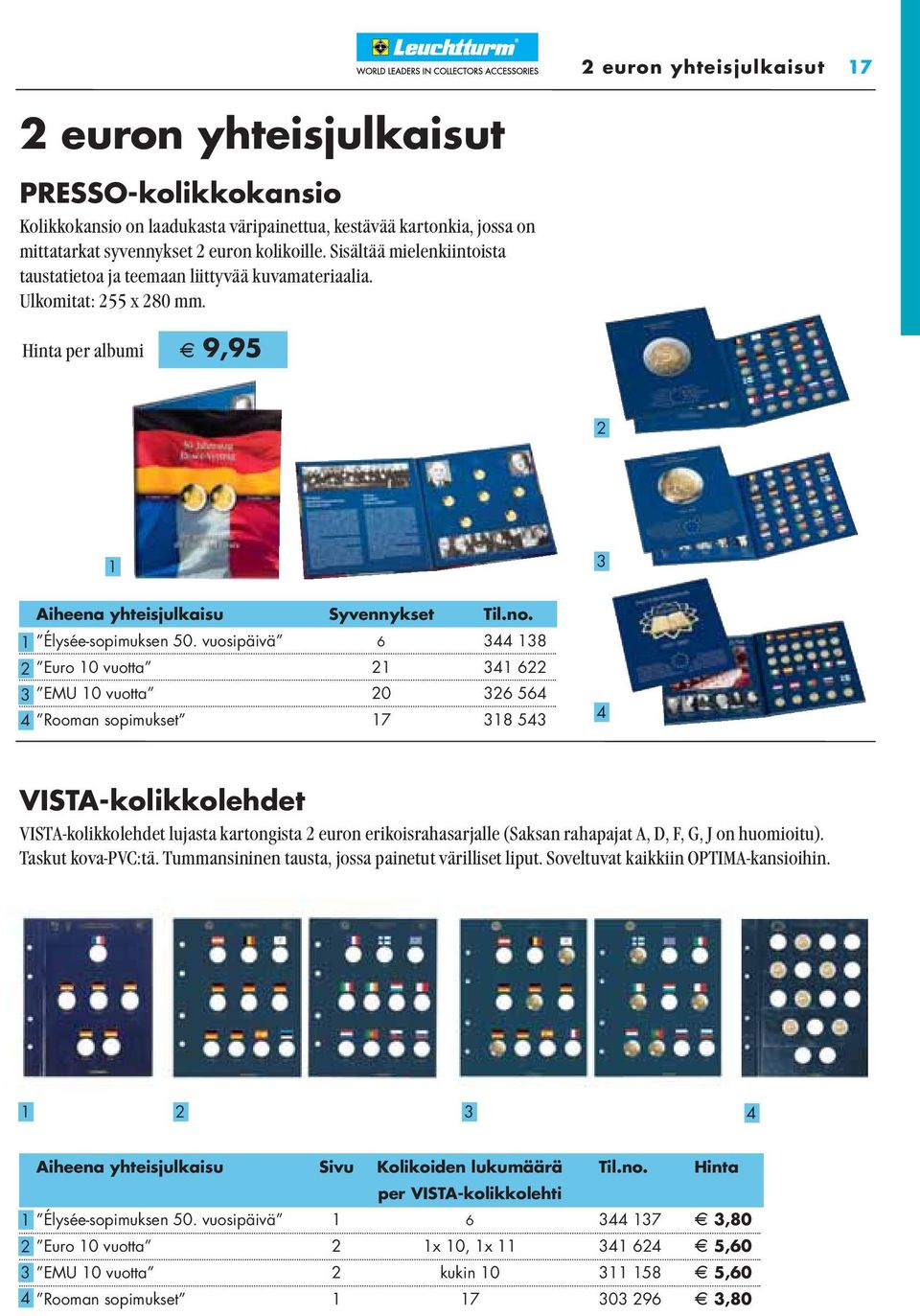 vuosipäivä 6 344 138 2 Euro 10 vuotta 21 341 622 3 EMU 10 vuotta 20 326 564 4 Rooman sopimukset 17 318 543 4 VISTA-kolikkolehdet VISTA-kolikkolehdet lujasta kartongista 2 euron erikoisrahasarjalle