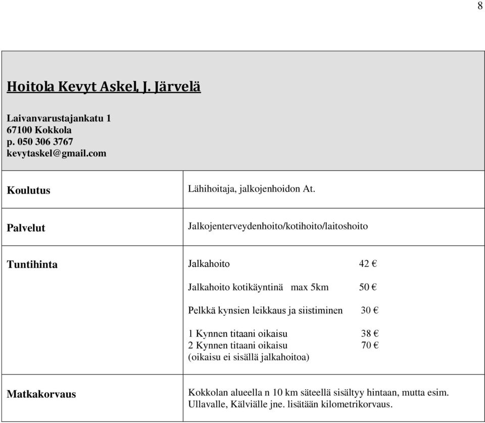 Jalkojenterveydenhoito/kotihoito/laitoshoito Tuntihinta Jalkahoito 42 Jalkahoito kotikäyntinä max 5km 50 Pelkkä kynsien