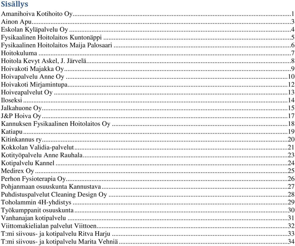 .. 17 Kannuksen Fysikaalinen Hoitolaitos Oy... 18 Katiapu... 19 Kitinkannus ry... 20 Kokkolan Validia-palvelut... 21 Kotityöpalvelu Anne Rauhala... 23 Kotipalvelu Kannel... 24 Medirex Oy.