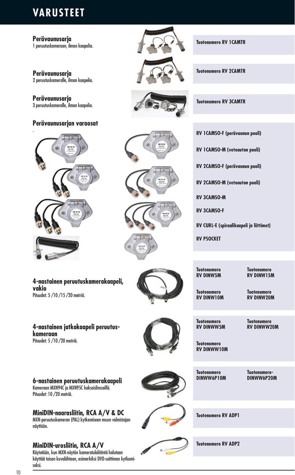 RV 1CAMSO-F (perävaunun puoli) RV 1CAMSO-M (vetoauton puoli) RV 2CAMSO-F (perävaunun puoli) RV 2CAMSO-M (vetoauton puoli) RV 3CAMSO-M RV 3CAMSO-F RV CURL-E (spiraalikaapeli ja liittimet) RV PSOCKET